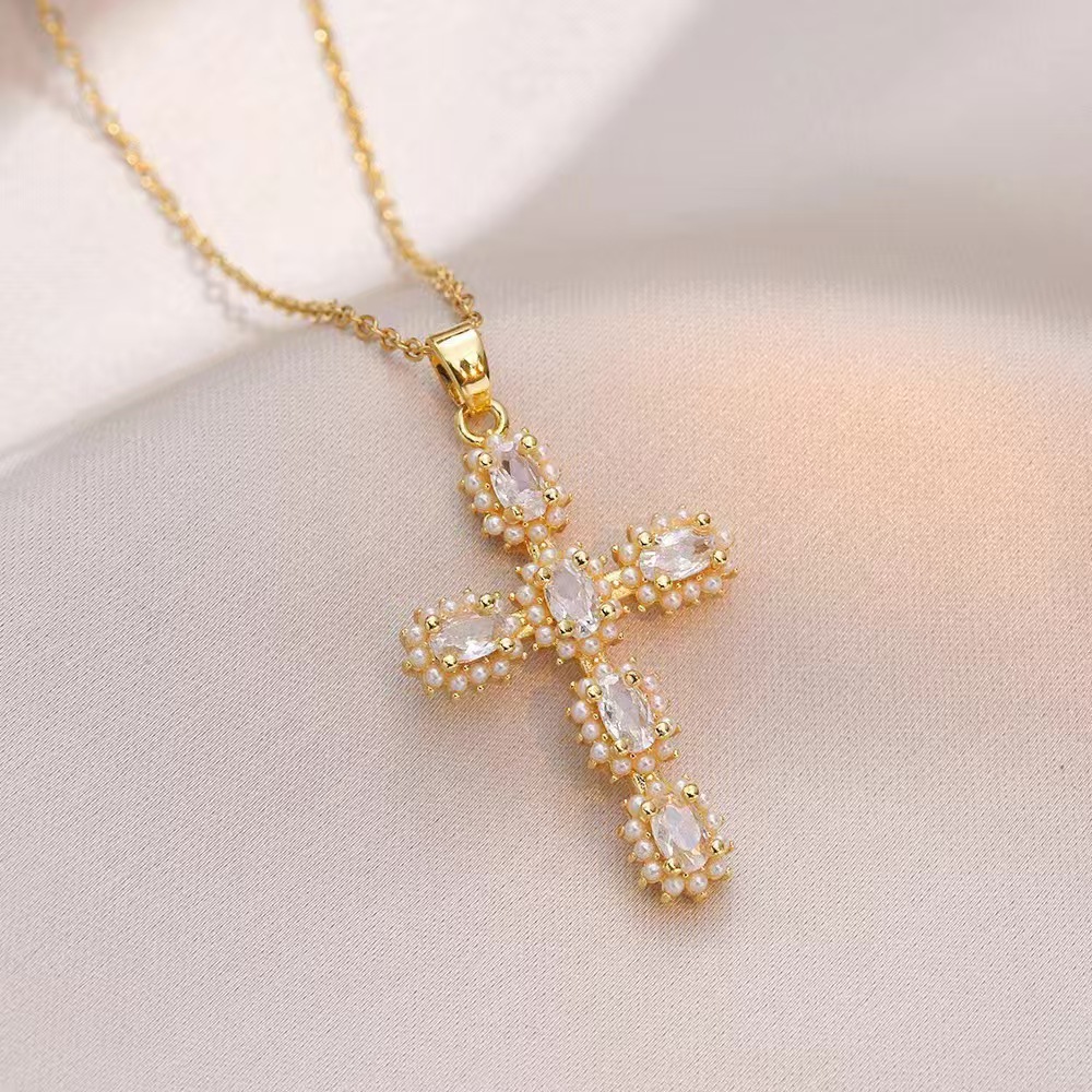 Wholesale Jewelry Shiny Cross Titanium Steel Zircon Inlay Pendant Necklace Cable Chain display picture 34