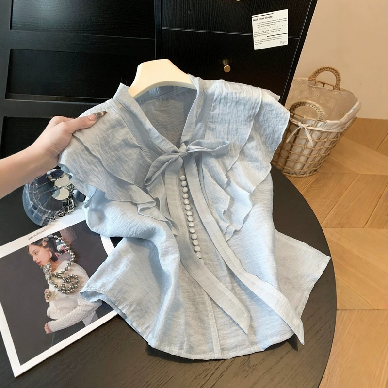 Real Shot of Korean-Style Sweet and Elegant Ruffled Bow-Tie Collared Shirt for Women, Unique and Beautiful Top for Summer 2026 Real Shot of Korean-Style Sweet and Elegant Ruffled Bow-Tie Collared Shirt for Women, Unique and Beautiful Top for Summer 2026