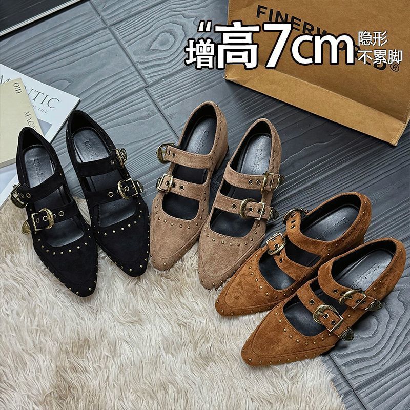 Inner Height 7cm Retro Rivet Shallow Mouth Flats for Women 2025 New Belt Buckle Fine Velvet Elegant Mary Jane Shoes for Women