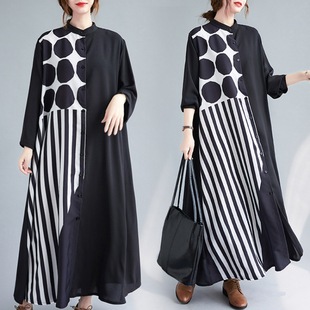 Real spot stand collar long sleeve splicing large size women's fat MM long shirt cardigan dress