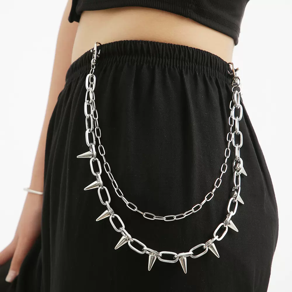 亚马逊同款裤链嘻哈朋克金属铆钉裤链双层组合小众个性裤链牛仔裤