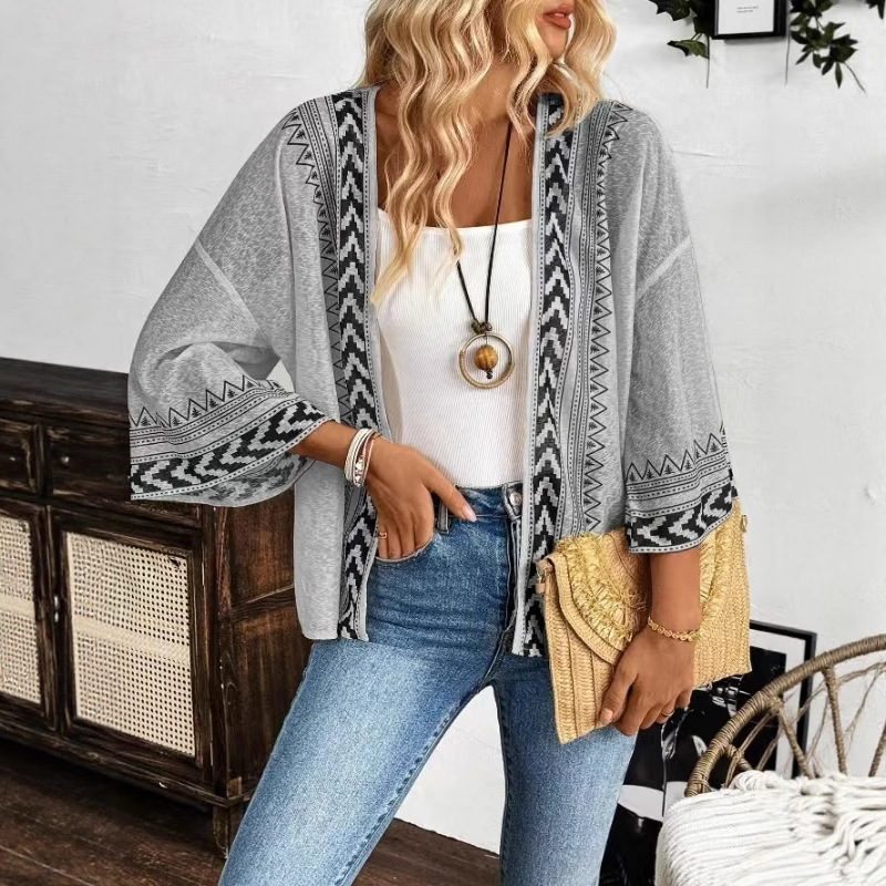 2025 European and American Summer Thin Sun Protection Shirt Bohemian Printed Mid-Sleeve Cardigan Casual Loose Top for Women