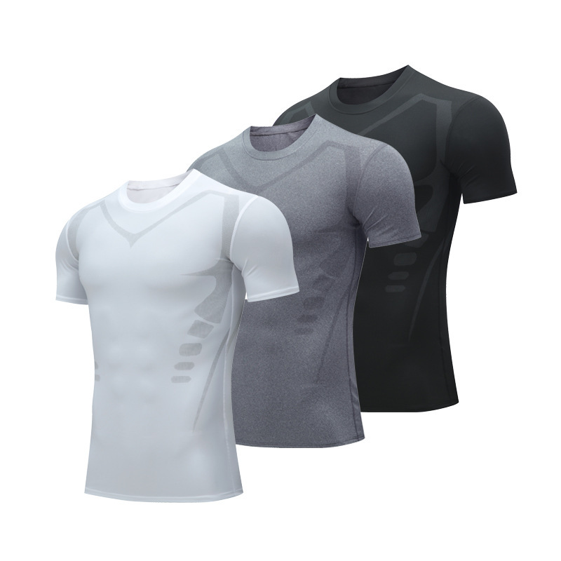 Oem Cross-Border Fitness Bodysuit Men's Elastic Quick-Drying Sweat-Absorbent Short-Sleeved Outdoor Training Running Sports Top