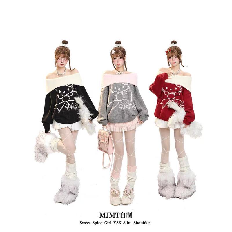 Mink fur bow decoration, Kitty cat design, one-shoulder hooded sweater, a new season's slimming knit top Mink fur bow decoration, Kitty cat design, one-shoulder hooded sweater, a new season's slimming knit top