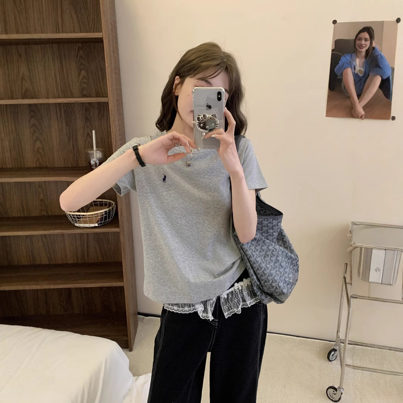 Summer Dongdaemun 2025 Embroidered Women's Pure Cotton Short Sleeve Slim Fit Round Neck Base Shirt 2025 New Model Summer Dongdaemun 2025 Embroidered Women's Pure Cotton Short Sleeve Slim Fit Round Neck Base Shirt 2025 New Model