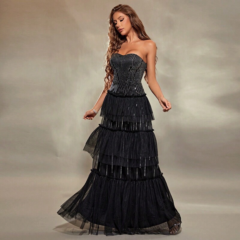 Long Tube Top Dress with Vertical Stripes, Stylish Dress, 2026 New Cocktail Party Dress for Women, Wholesale