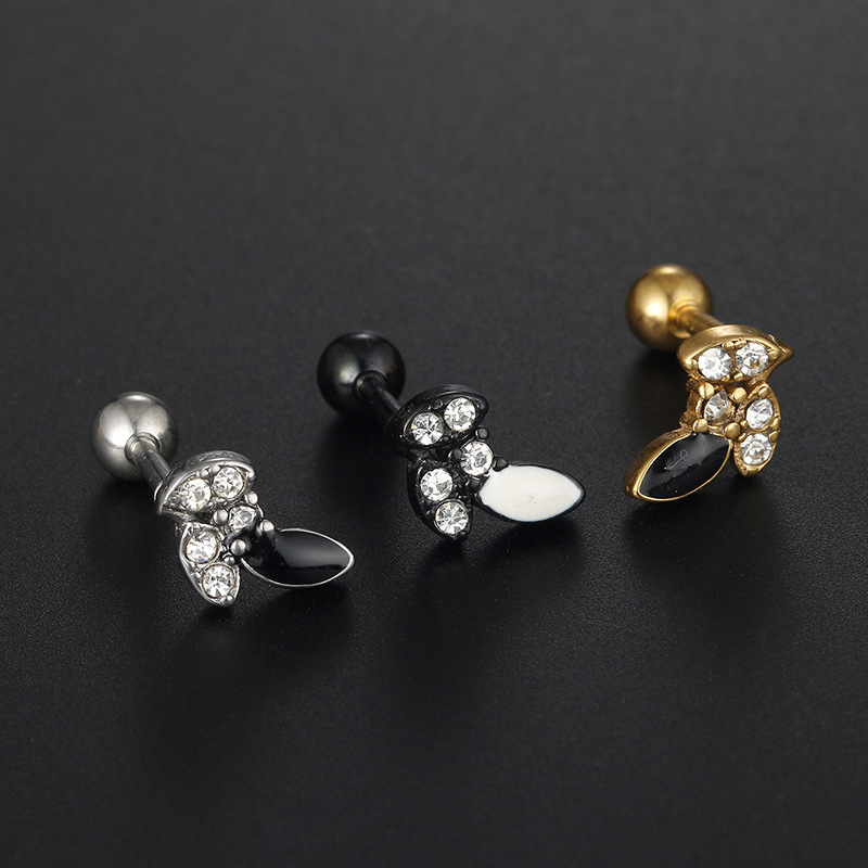 Ear Studs Classification 1 Piece Quantity Daily Occasion 1 Piece Stainless Steel Zircon Ear Cartilage Rings & Studs Leaf Plating Inlay 18K Real Gold Plated