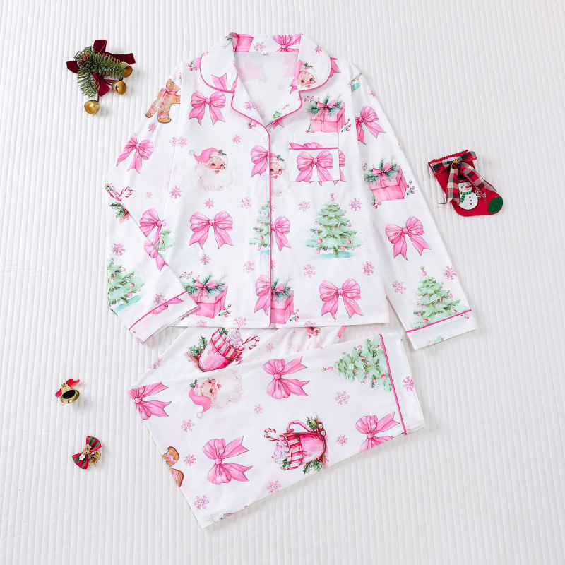 Cross-Border Foreign Trade Wholesale Women's Pajamas, Four-Season Christmas Print, Lapel Long-Sleeve Long Pants, European and American Style Cardigan Pajamas Cross-Border Foreign Trade Wholesale Women's Pajamas, Four-Season Christmas Print, Lapel Long-Sleeve Long Pants, European and American Style Cardigan Pajamas
