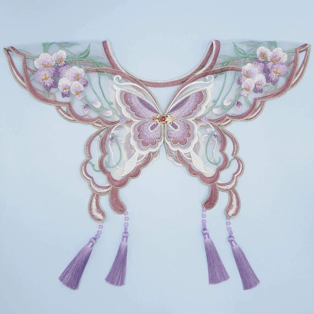 Hanfu, фиолетовая бабочка, органза, облачные плечи, вышивка, древний стиль, вышитая шаль, воротник с кисточками, цветок, искусственный воротник, аксессуар.