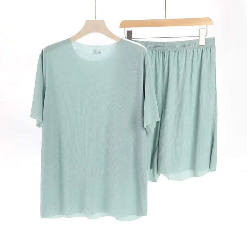 Прямые оптовые продажи от производителя: домашний летний комплект пижамы для мужчин с коротким рукавом, круглым вырезом и бесшовной текстурой из ледяного шелка.