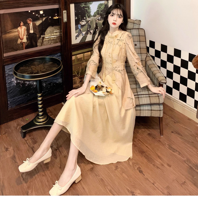 New Chinese Style Autumn Improved Cheongsam Skirt Retro Elegant Design Buckle Tassel Waist French Style Long Skirt for Women