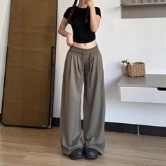 灰绿色美式复古抽绳褶皱卫裤女秋2025新款低腰宽松垂感阔腿运动裤