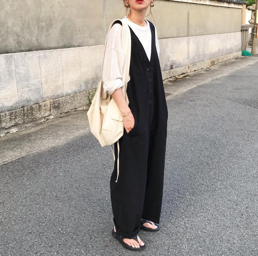 2024 spring and summer New loose slimming V-neck overalls sleeveless plus size wide-leg jumpsuit women's overalls