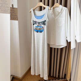 背心吊带连衣裙女5新夏季假两件印花休闲a字中长连身裙子