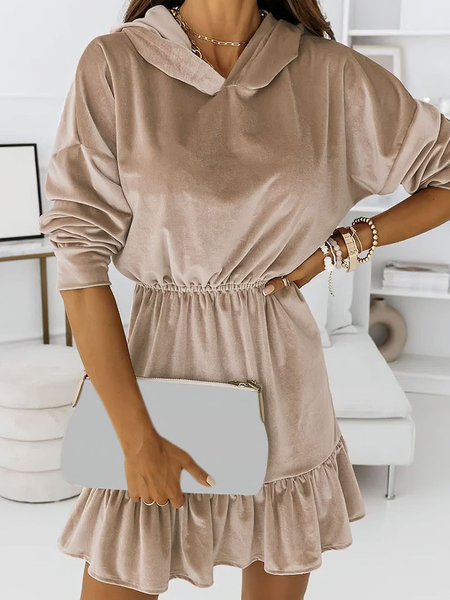 Winter Popular Gold Velvet Casual Hooded Dress