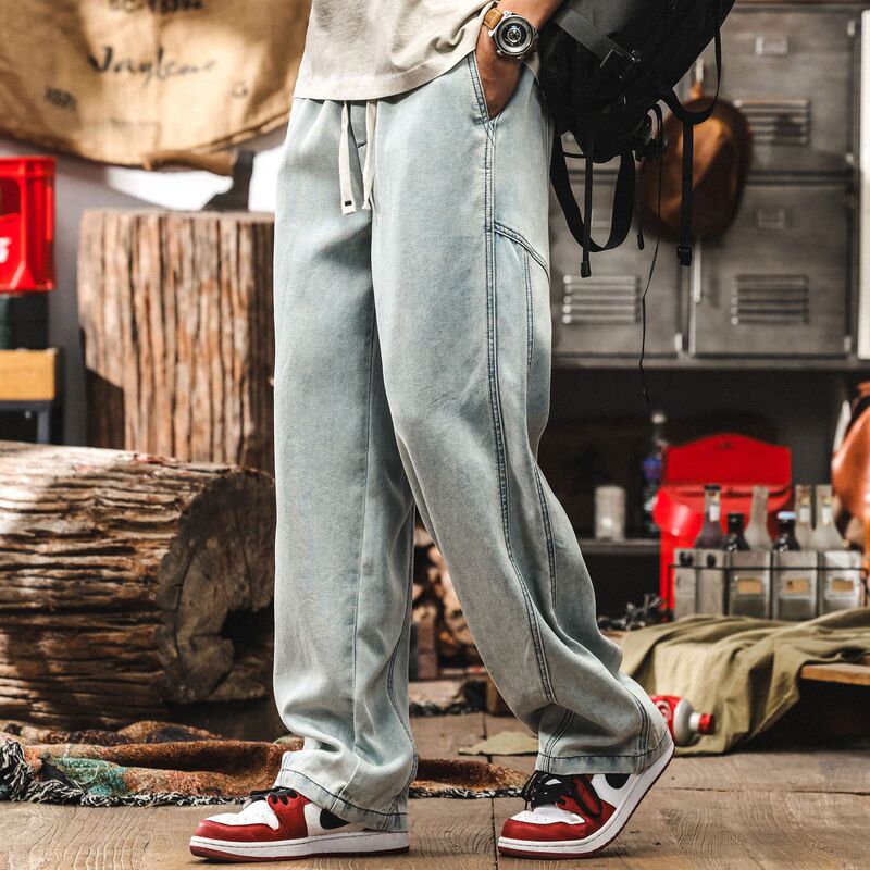 Smooth and Drapey Lyocell Thin Light Blue Jeans Men's Summer Loose Wide-Leg Pants Men's Straight Casual Pants