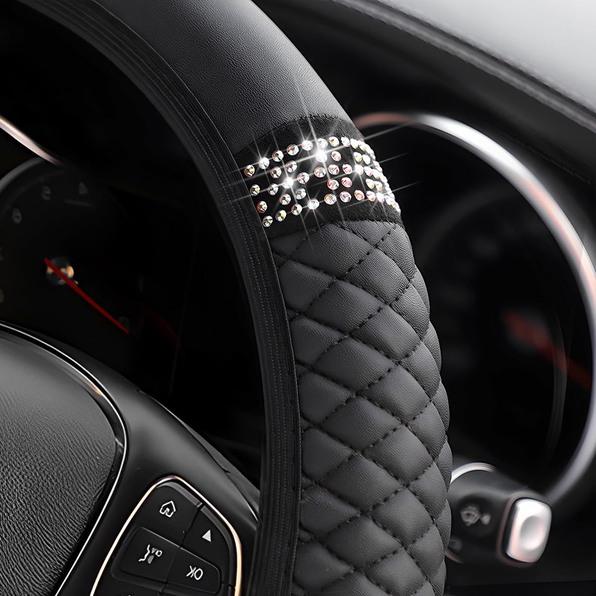 Factory Direct Sales Cross-Border Colorful Rhinestone Car Steering Wheel Cover, Leather Three-Dimensional Interior Handle Cover Without Inner Ring