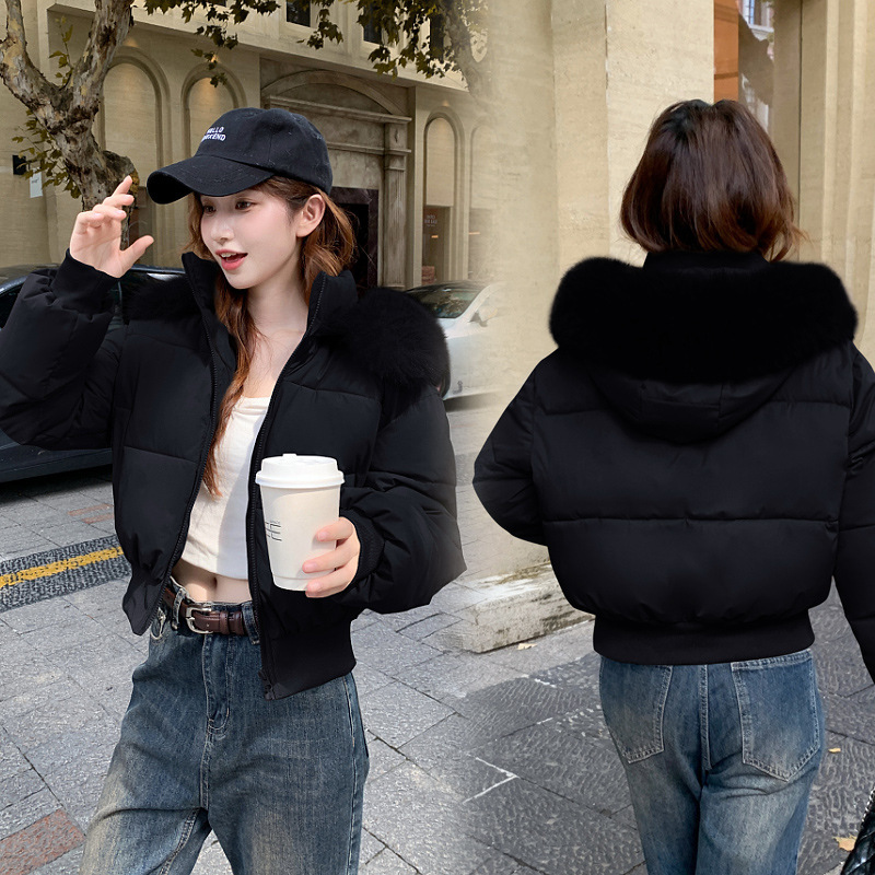 2025冬季新款宽松显瘦毛领连帽短款羽绒棉服女收腰加厚棉衣外套|undefined
