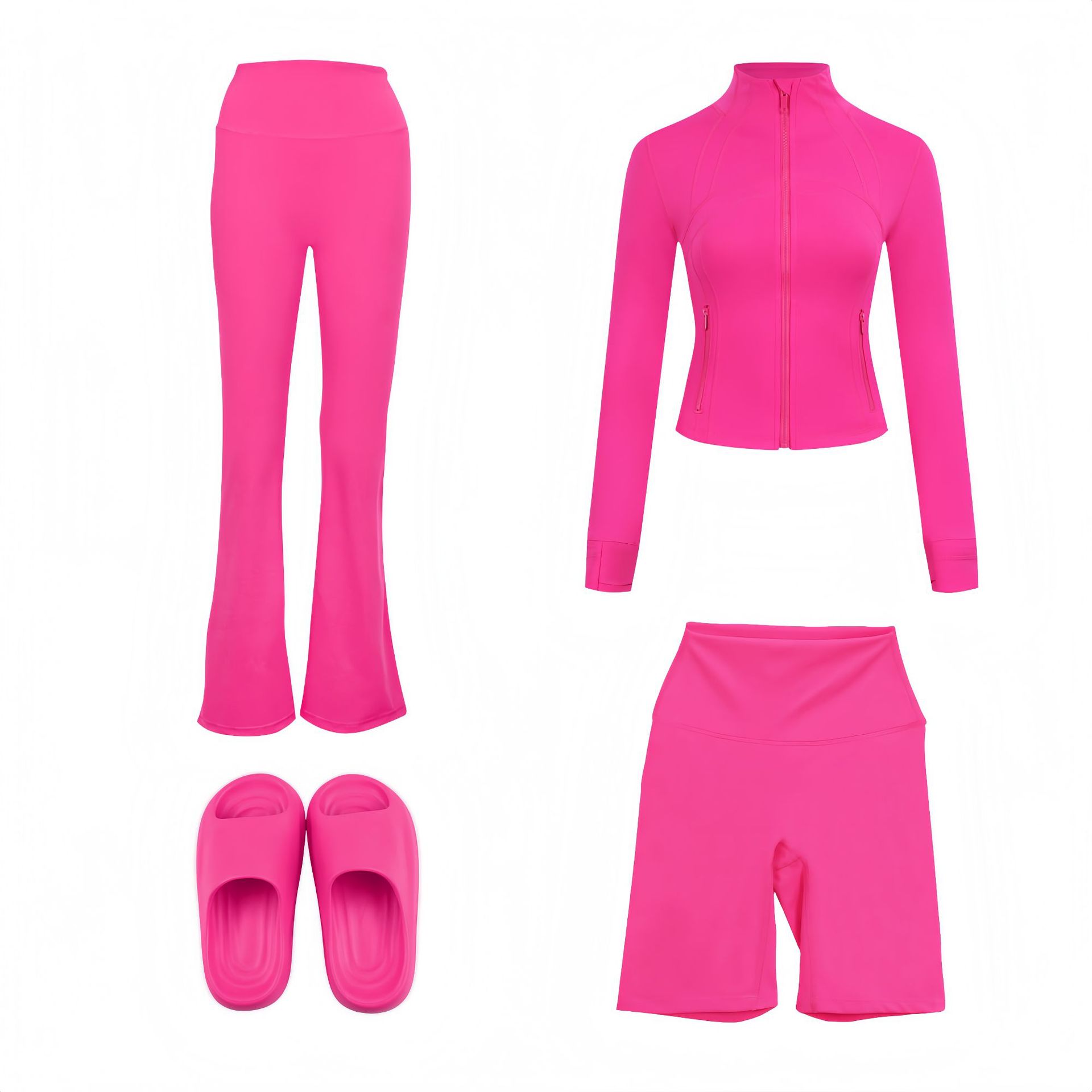 Women's 4-Piece Activewear Set – Cropped Jacket, Flared Pants, Bermuda Shorts & Slides (S-3xl, 26 Colors)_voghion.com