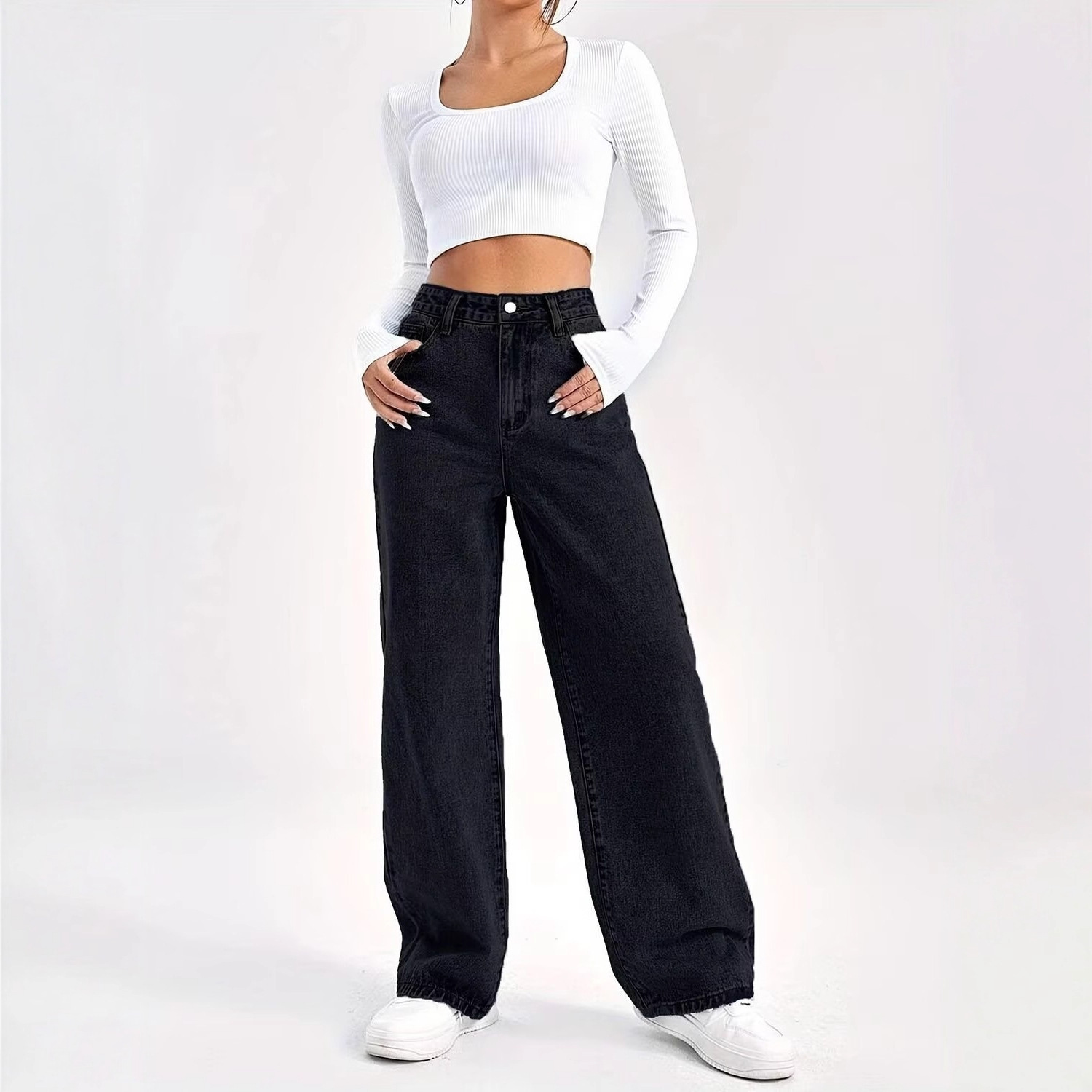 High-Waisted Straight Leg Jeans Women's Loose Fit Wide Leg Pants Solid Color European American Style Petite Size Autumn Winter_ecoleips.com