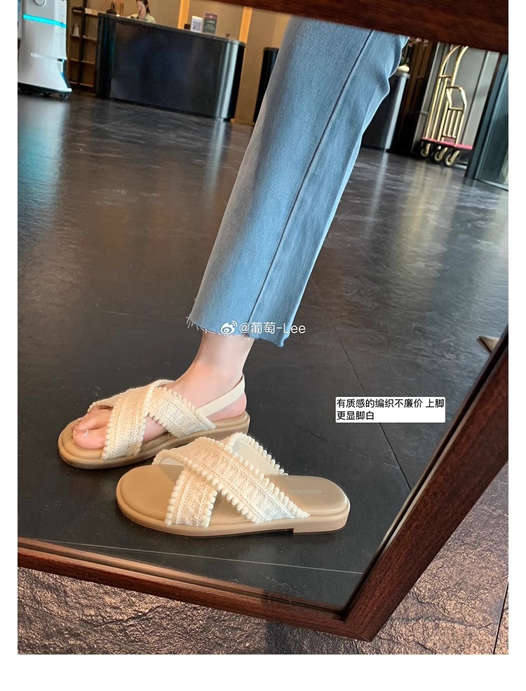 Dos versiones de sandalias planas de Grape Mom ~ Sandalias y pantuflas de punta abierta tejidas cruzadas estilo vacaciones verano femenino