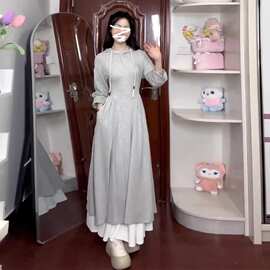 小个子灰色连帽长袖连衣裙女深秋初冬季2024新款韩系穿搭卫衣长裙