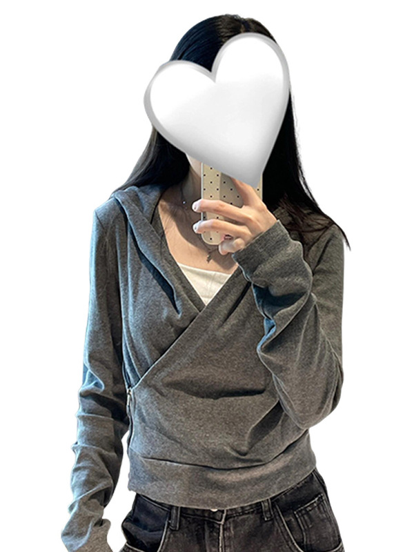 灰色连帽卫衣外套女初秋季2025新款小众设计感交叉打底衫针织上衣|undefined