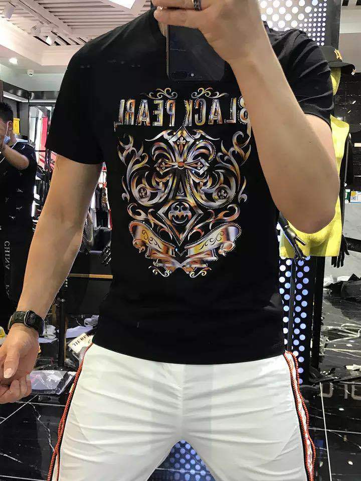 T-shirt court d'été en coton et soie, haut à manches mi-longues avec broderie de diamants tendance, fourre-tout pour hommes, grande taille ins_voghion.com