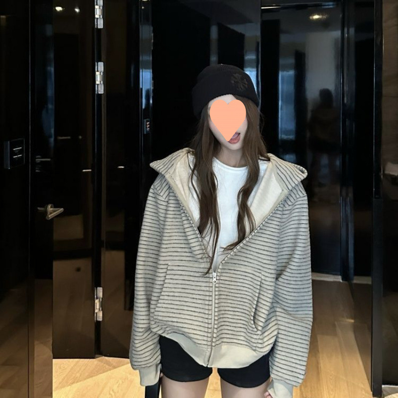 高级感条纹连帽休闲宽松美式卫衣女2025秋季新款别致上衣|undefined