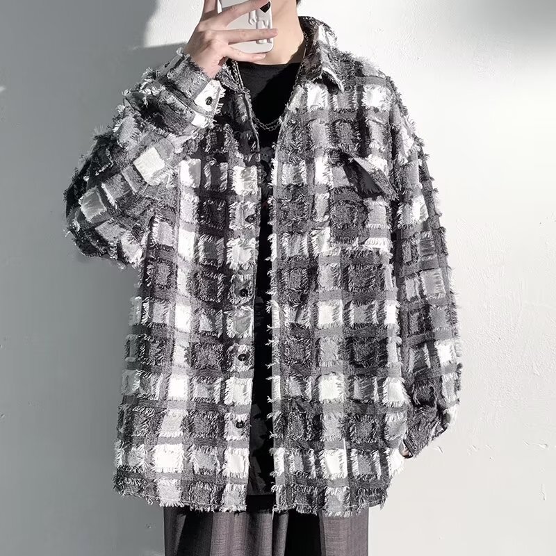 Tassel Plaid Long-sleeved Shirt Men's Spring and Autumn New Fashionable Brand Pluck Handsome Shirt American Style Retro Design Sense Jacket Coat