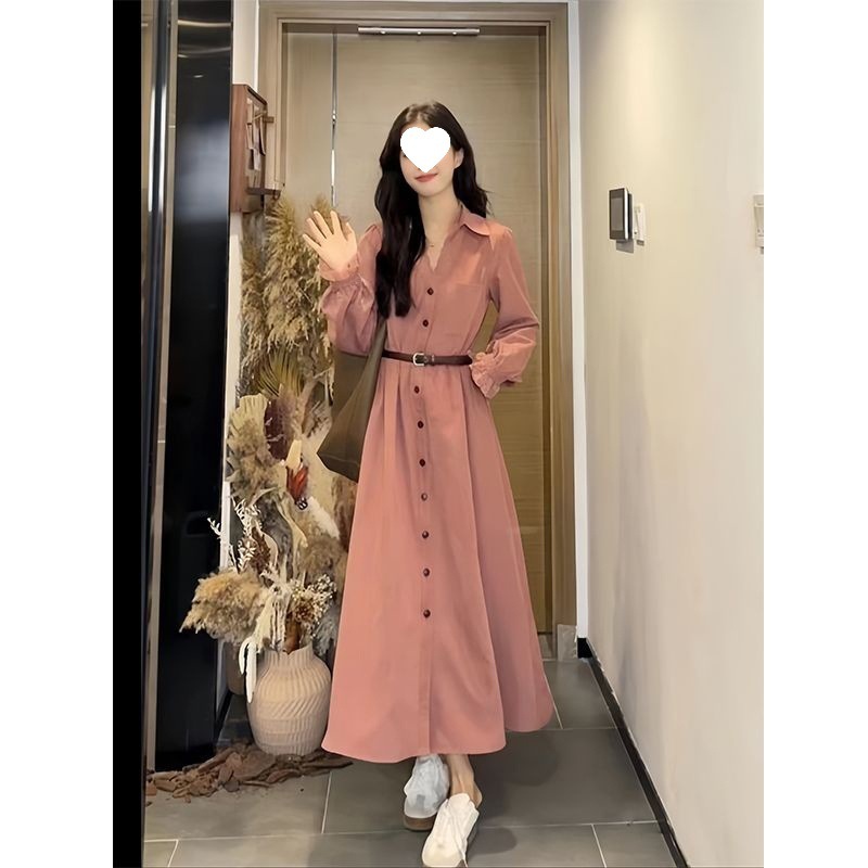 法式蕾丝拼接翻领长袖连衣裙女2025秋季新款收腰显瘦简约长裙裙子|undefined