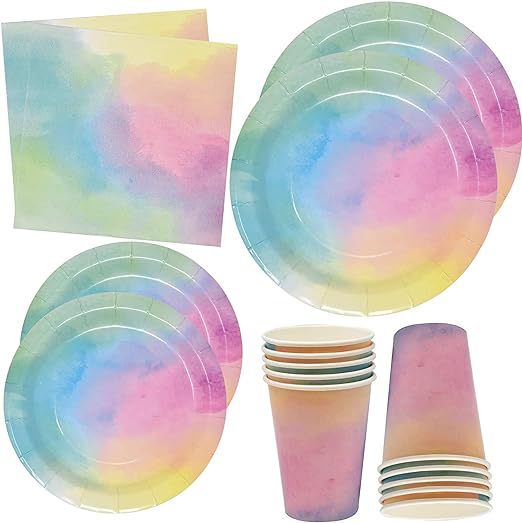 Cross-border rainbow soft watercolor party supplies birthday party wedding disposable paper cup paper tray tissue supplies