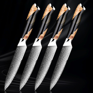 Damascus steel steak knife suit knife stainless steel steak knife resin wood handle sharp serrated fruit knife