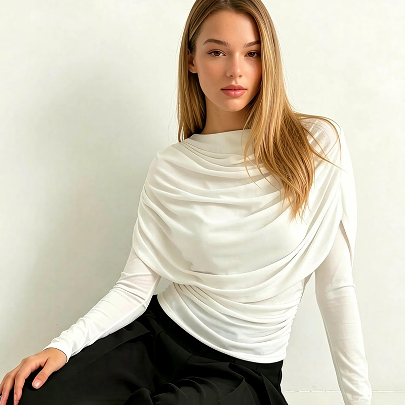 J26Tp310 European and American Style Cross-Border Women's Clothing Spring and Summer New Long-Sleeved Draped Collar Pleated Shawl Slim Fit T-Shirt Top