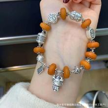 天然琥珀蜜蜡老蜡饼子扣子手串搭配925复古银配件腾云珠宝厂批发