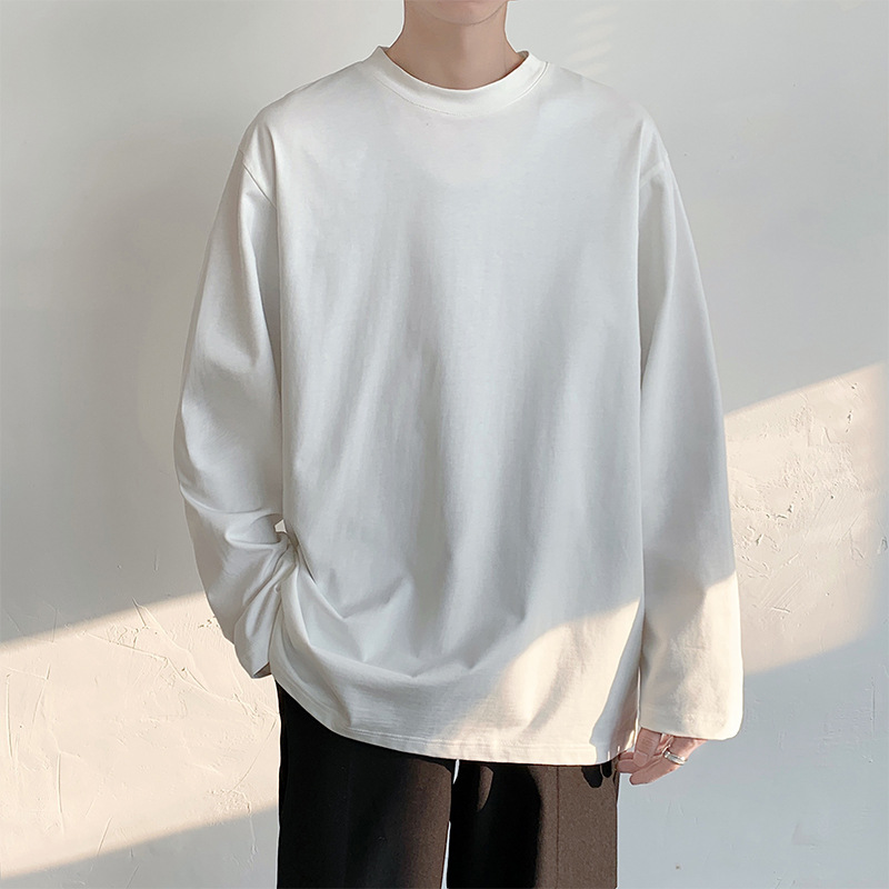 Camiseta de manga larga de algodón para hombres primavera nuevo color sólido versátil simple camisa de Fondo Juvenil pareja suelta superior