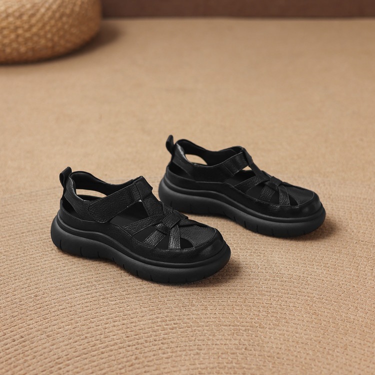 Sandal nữ đế dày da cừu phối quai ngang phong cách học đường — màu đen, màu trắng ngà chi tiết 83