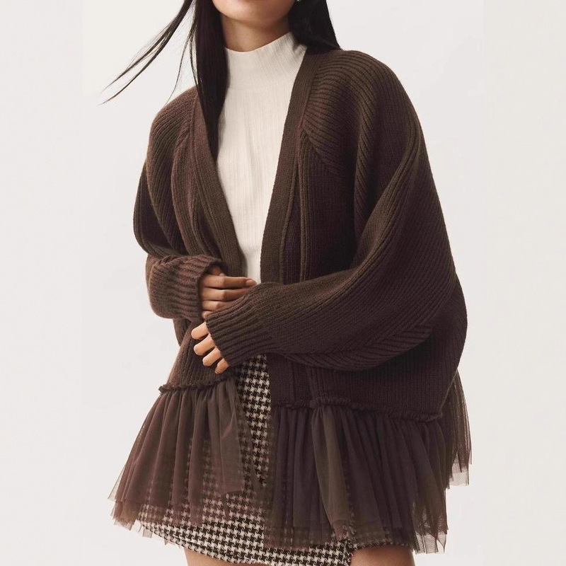 European and American Autumn and Winter French Retro Knitted Long-Sleeved Sweater with Ruffled Edges and Mesh Loose-Fitting Cardigan Jacket for Women European and American Autumn and Winter French Retro Knitted Long-Sleeved Sweater with Ruffled Edges and Mesh Loose-Fitting Cardigan Jacket for Women