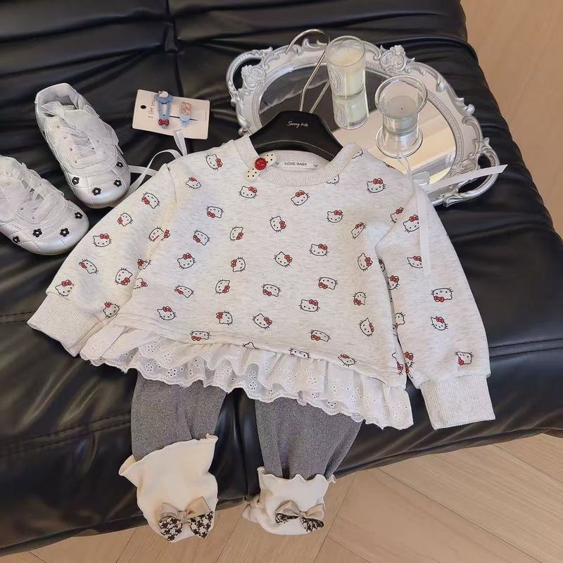 女童两件套女宝宝可爱满印小KT时尚卡通圆领卫衣堆堆袜打底裤套装|undefined