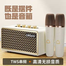跨境专供K歌无线蓝牙麦克风音响一体机便携式户外家庭KTV复古音箱