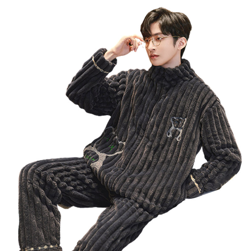 (2개) 겨울 산호 벨벳 남성용 잠옷, 남성용 새 스타일 플러스 벨벳, 두껍고 뚱뚱한 플러스 사이즈 플란넬 가정복 세트