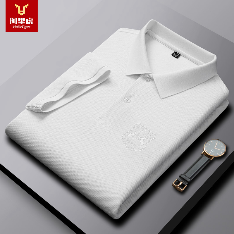 Alihu Men's Summer New Thin Water-Soluble Embroidered Short-Sleeve Business Casual Solid Color Polo Shirt for Men