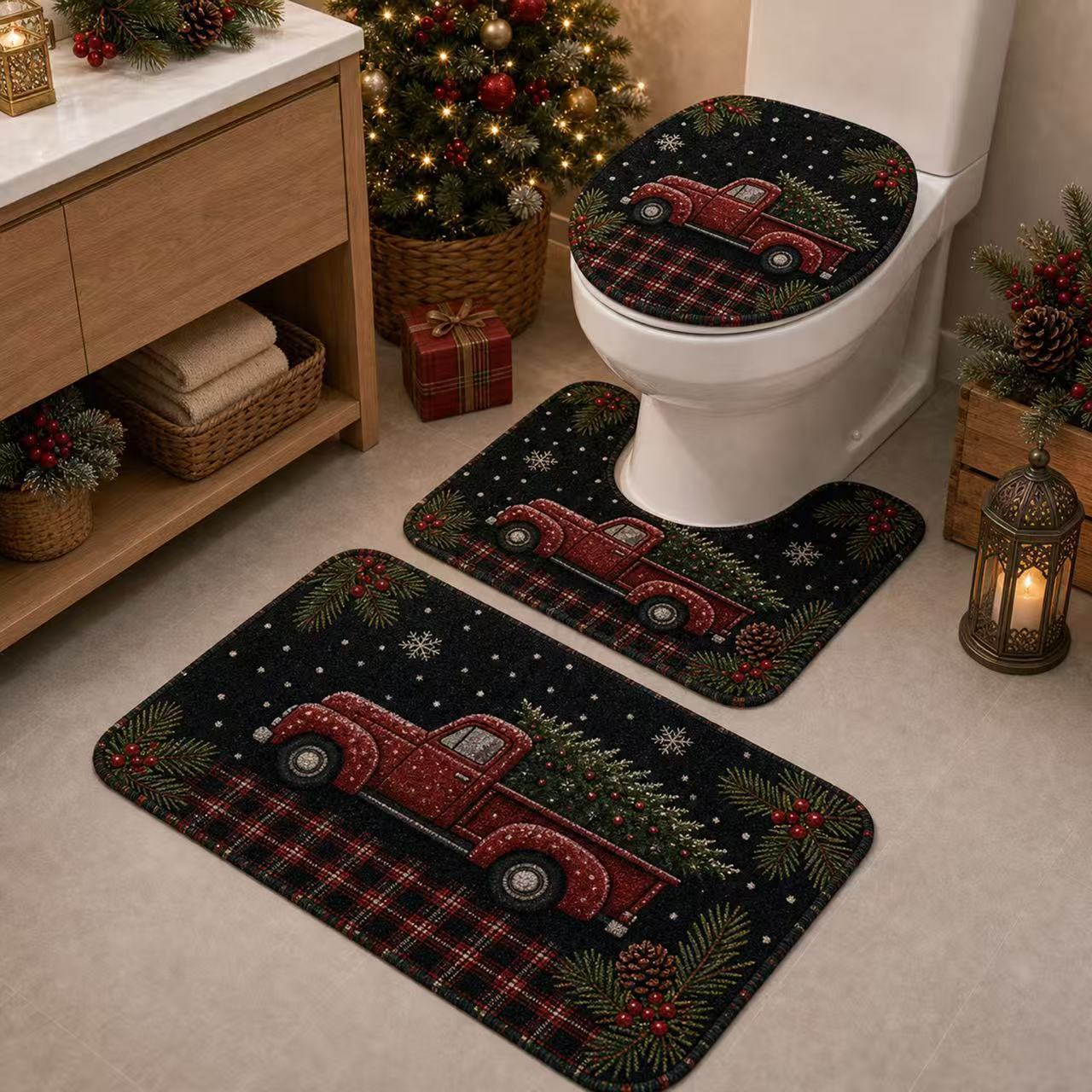 Cross-border TEMU Christmas new diatomite floor mat set of three for bathroom, toilet, water-absorbent and non-slip toilet mat