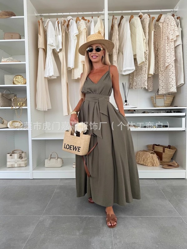 貿易婦人服 2025 越境卸売ヨーロッパとアメリカの婦人服無地蝶ネクタイドレスサスペンダーカジュアルロングスカート|undefined