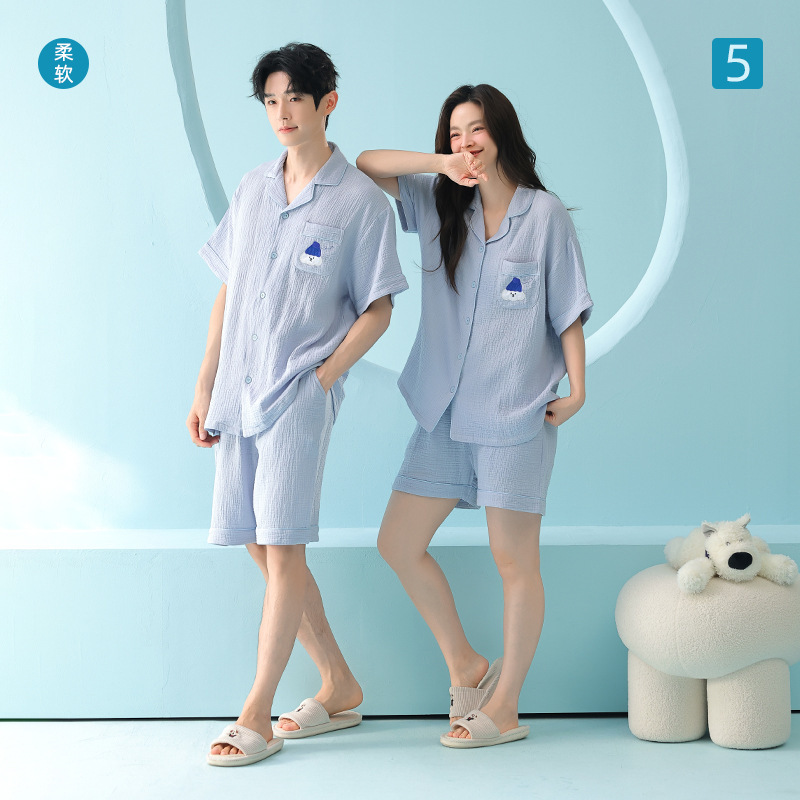[Baby Cotton] Refreshing Class a All-Cotton Double-Layer Gauze Couple's Pajamas, Summer Short-Sleeved Men's and Women's Home Wear