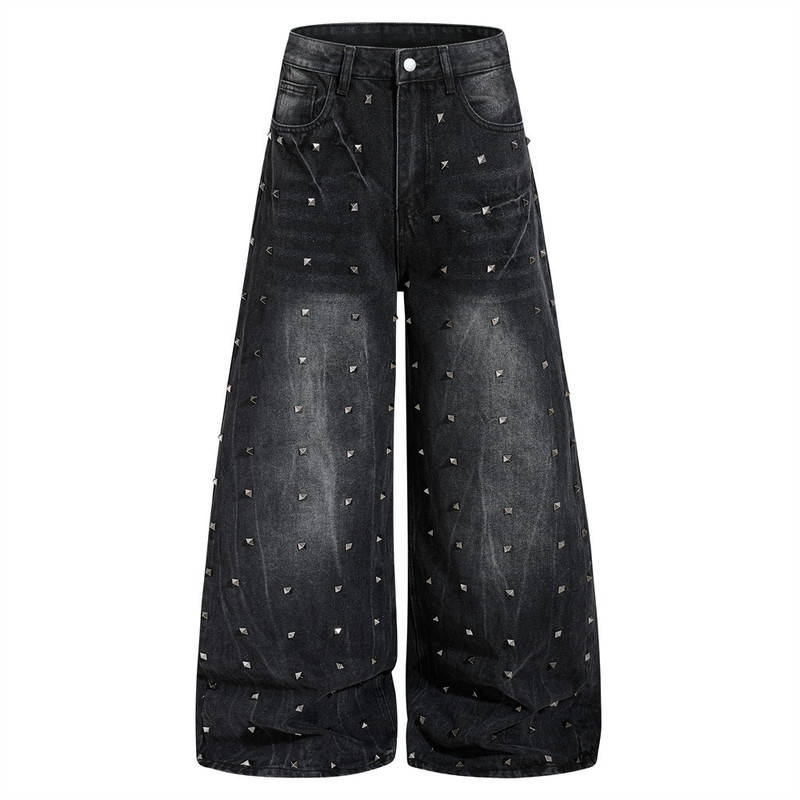 Punk Retro Distressed Washed Denim Wide-Leg Pants for Men, High Street Fashion Heavy Metal Rivet Design Loose Long Pants