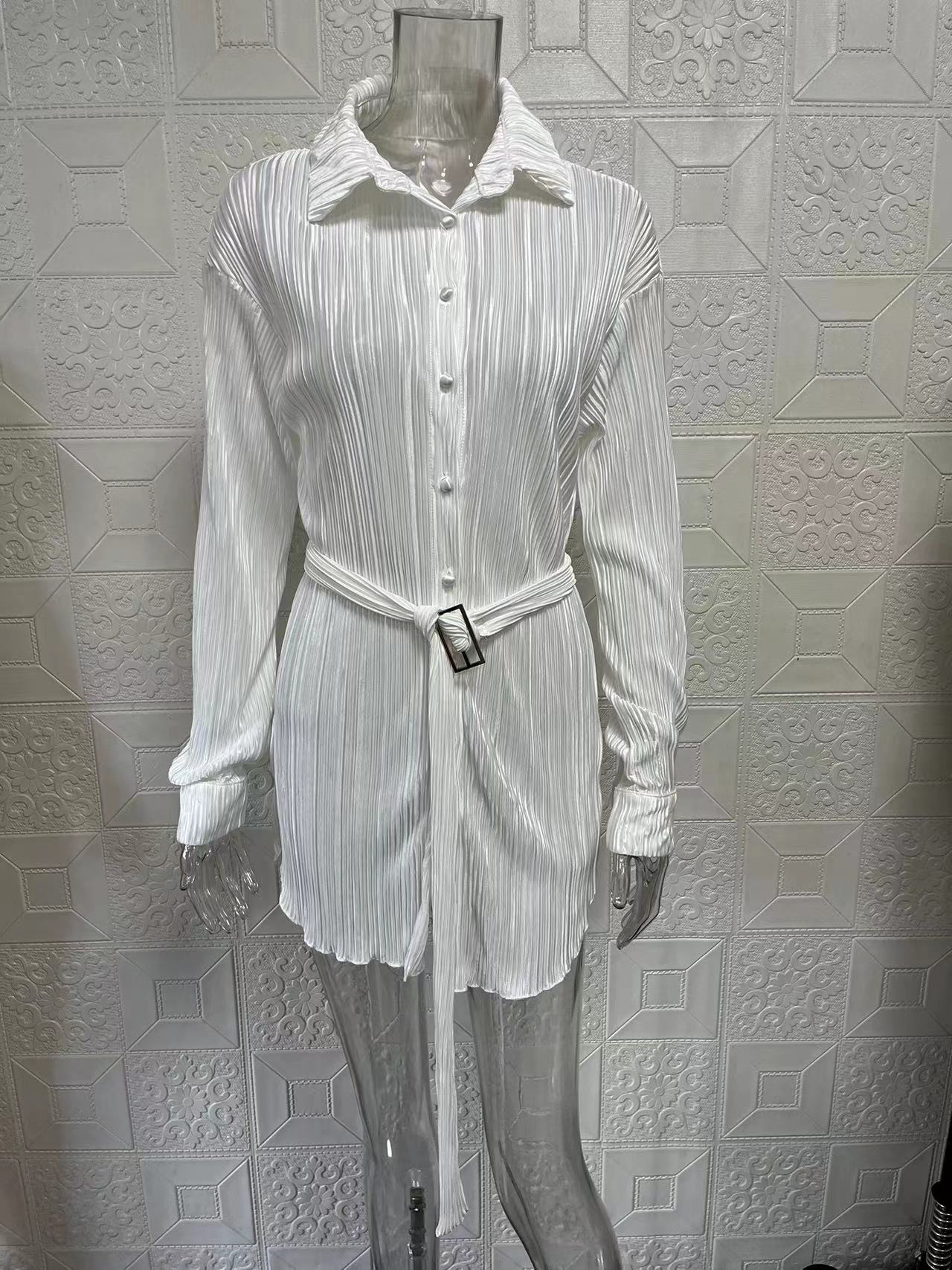 Women's Clothing 2024 women's new shirt collar fashion women's elastic waist pleated long sleeved lace up dress_mkmklike.com