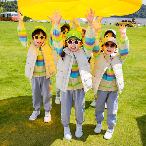 Rainbow sportswear set Spring and Autumn college style elementary school class uniform three-piece set winter cotton vest school uniform kindergarten outfit