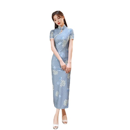 Women yellow blue Lace Qipao  Chinese dresses Shanghai Long cheongsam Dress