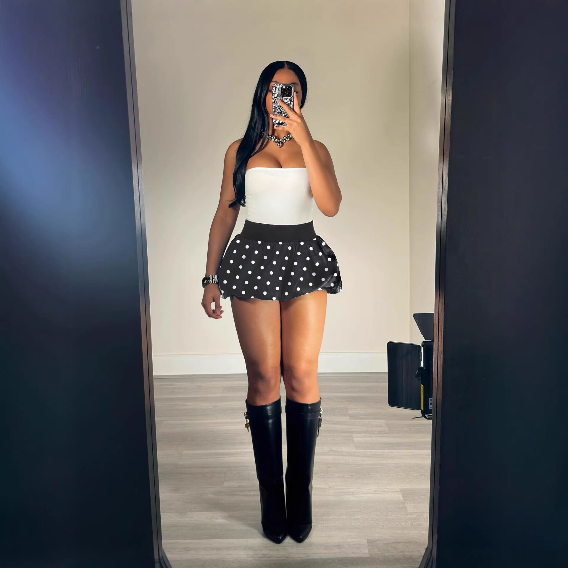 Retro Polka Dot Bubble Hem Skirt – High Waist Flared Mini Skirt With Elastic Waist (White/Red/Black, S-Xl, Y2k Aesthetic)_voghion.com
